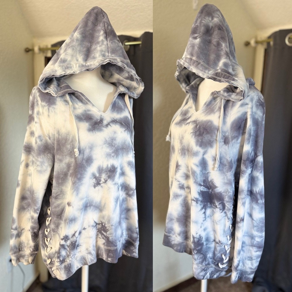 American Rag Womens XL Tie Dye Lace Up Side Hoodie Blue White V-Neck Pullover